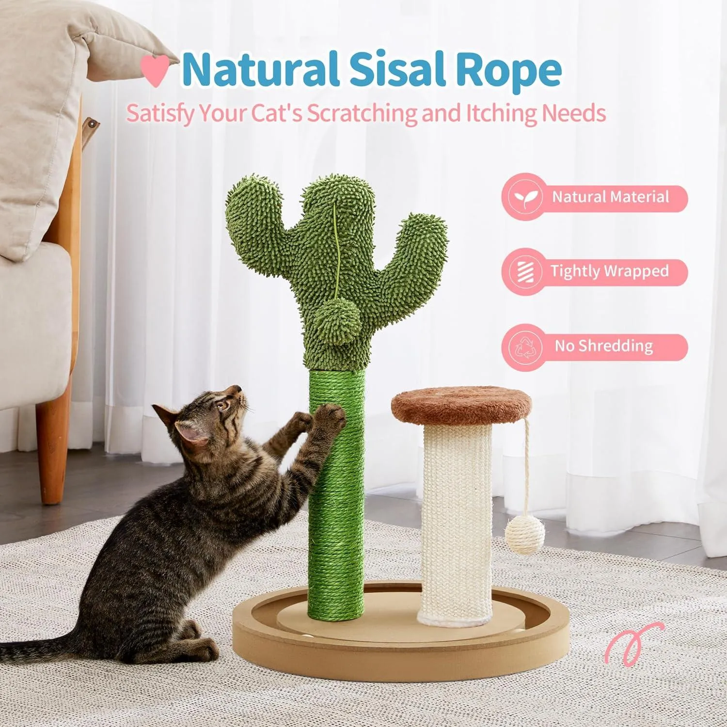 21.7" Cactus Kitten Scratcher for Indoor Cats with Sturdy Wood Base