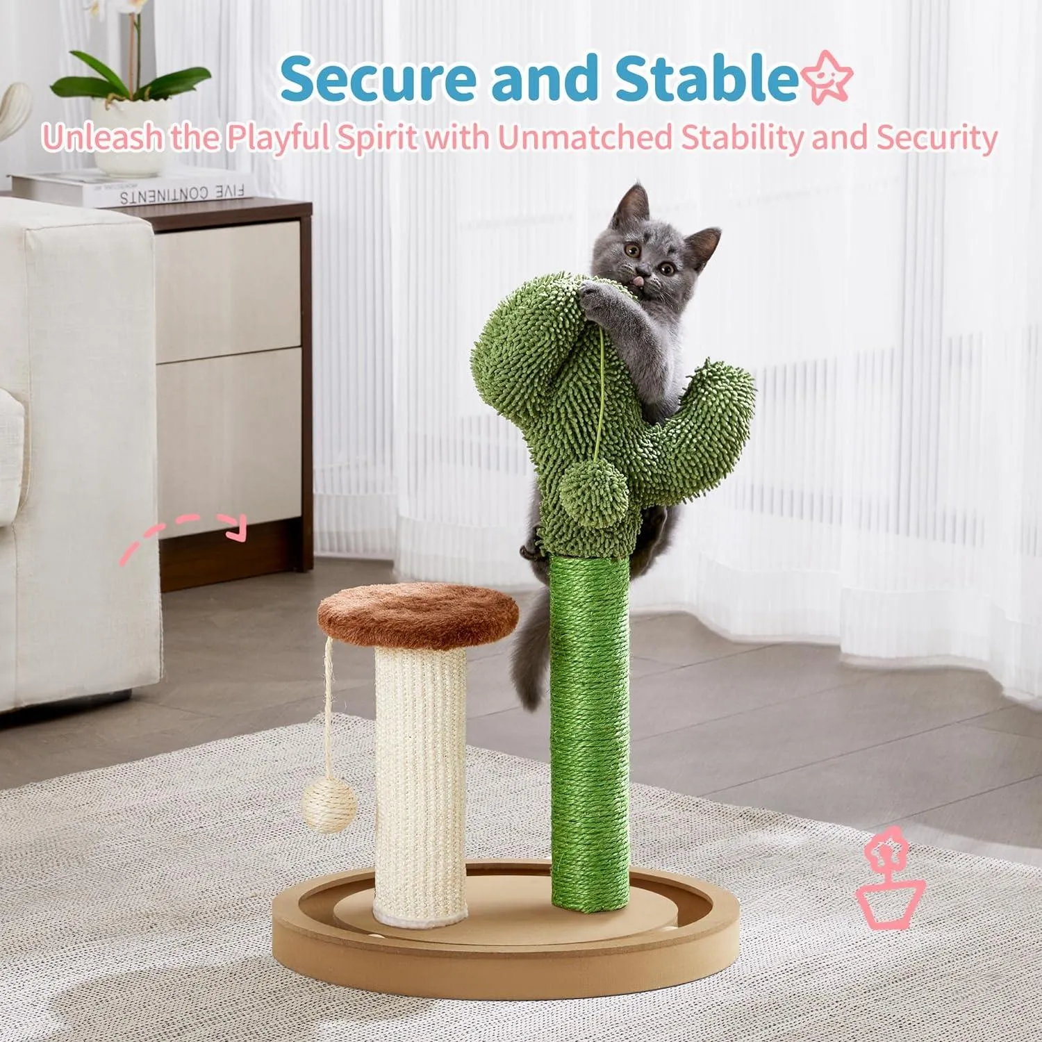 21.7" Cactus Kitten Scratcher for Indoor Cats with Sturdy Wood Base