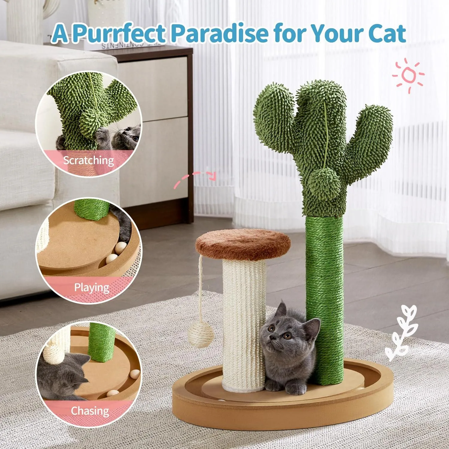 21.7" Cactus Kitten Scratcher for Indoor Cats with Sturdy Wood Base