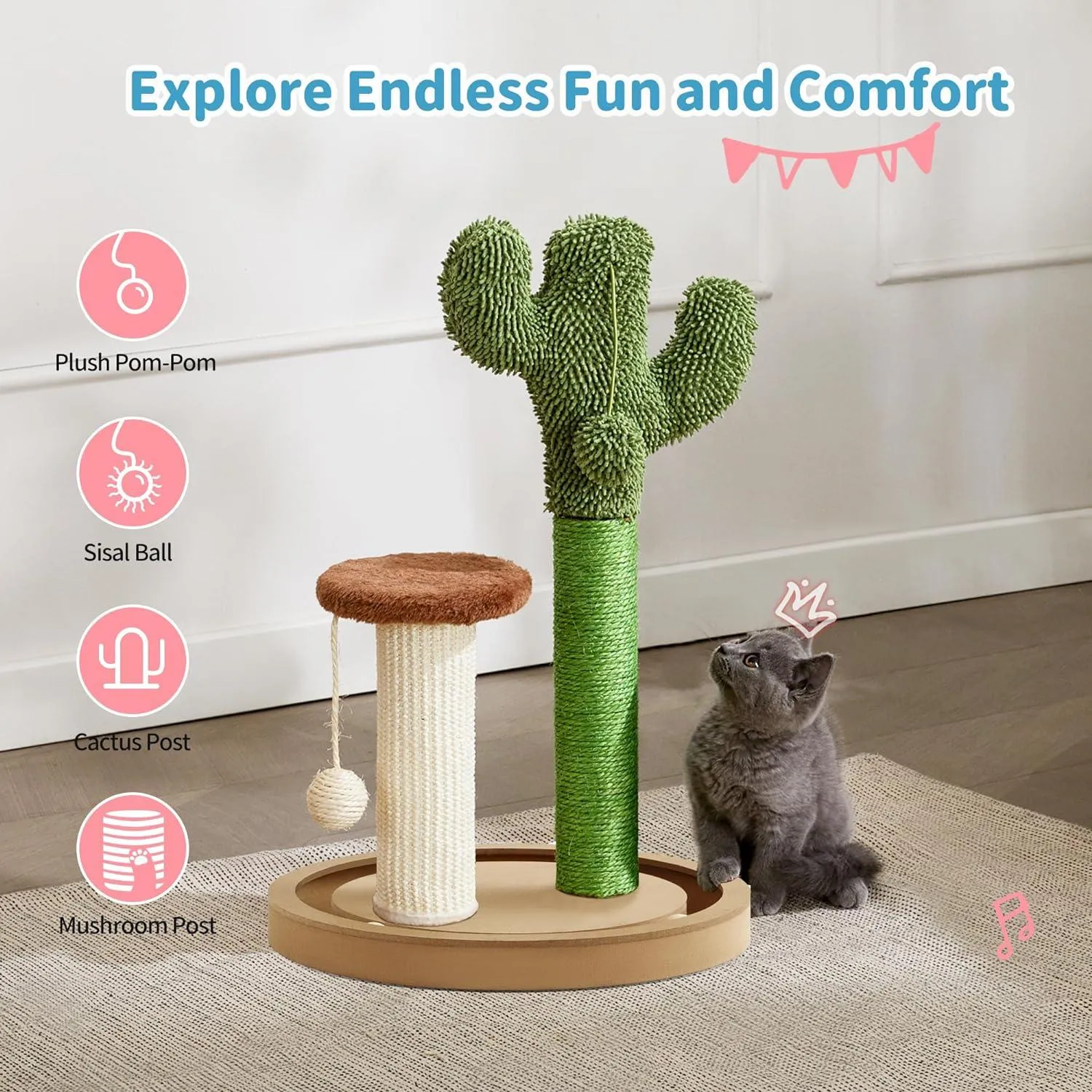 21.7" Cactus Kitten Scratcher for Indoor Cats with Sturdy Wood Base