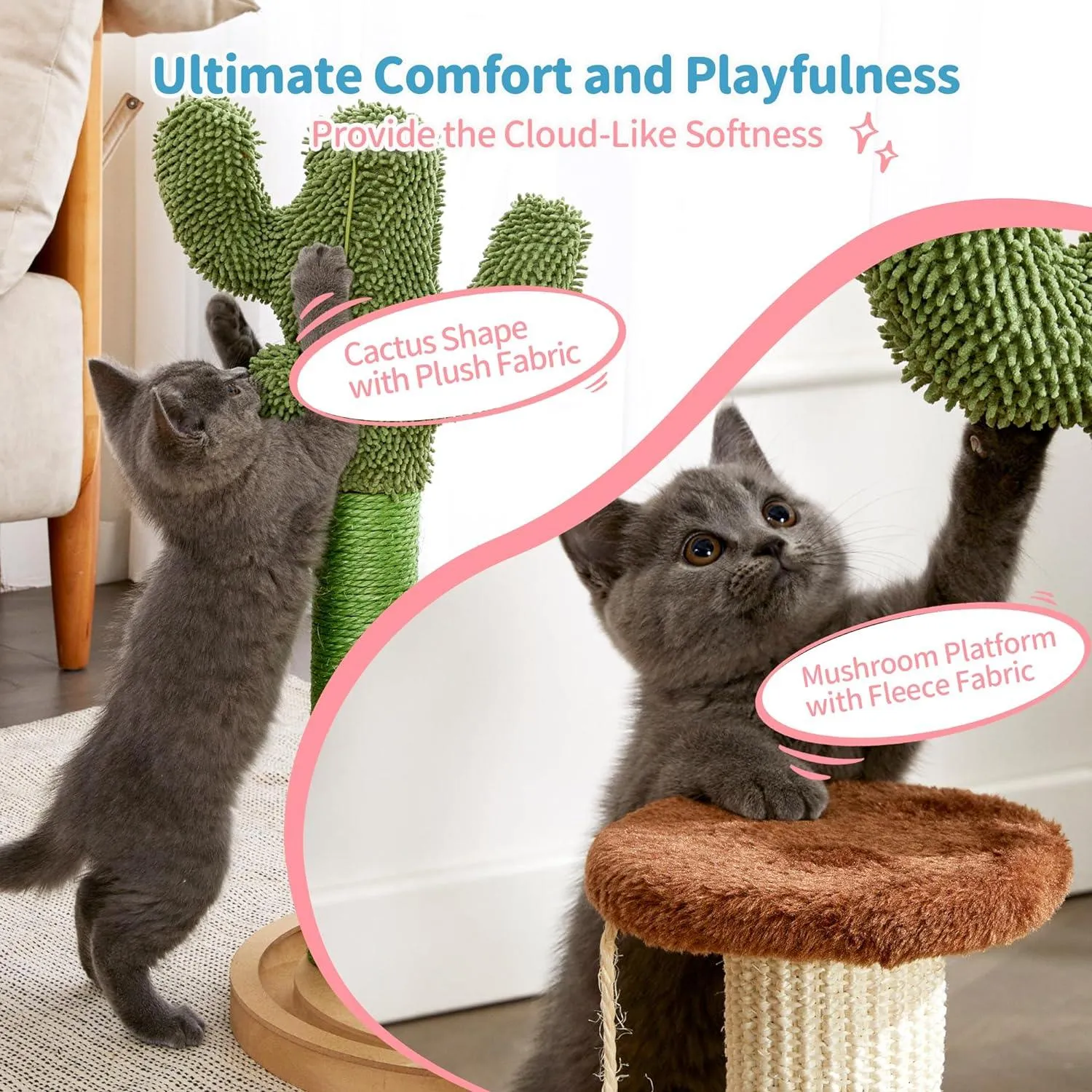 21.7" Cactus Kitten Scratcher for Indoor Cats with Sturdy Wood Base