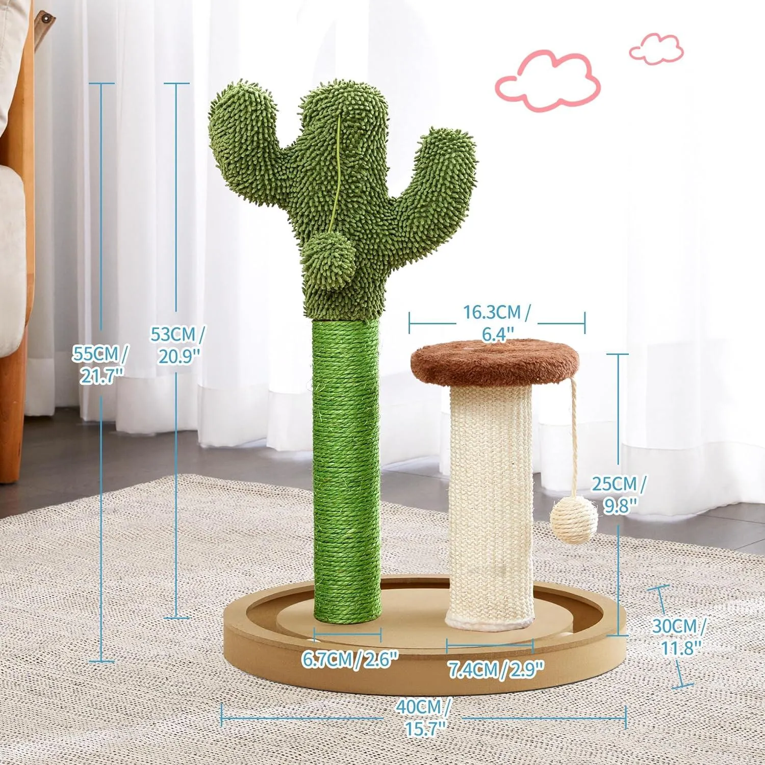 21.7" Cactus Kitten Scratcher for Indoor Cats with Sturdy Wood Base