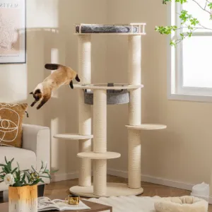 5-level Wooden Cat Tree with Padded Perch Non-woven Hammock-Gray