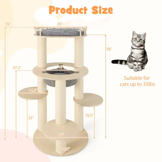 5-level Wooden Cat Tree with Padded Perch Non-woven Hammock-Gray