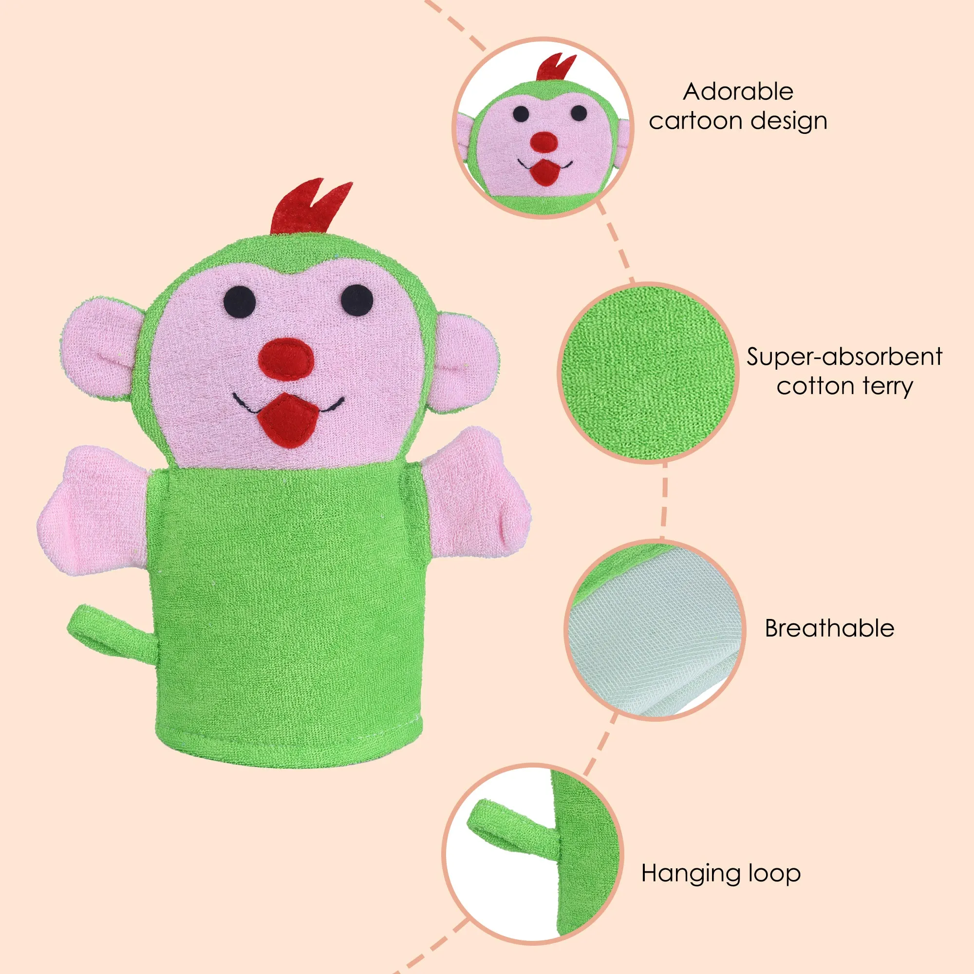 Baby Moo Funky Monkey Bath Time Fun Hand Puppet Loofah Bath Glove - Green