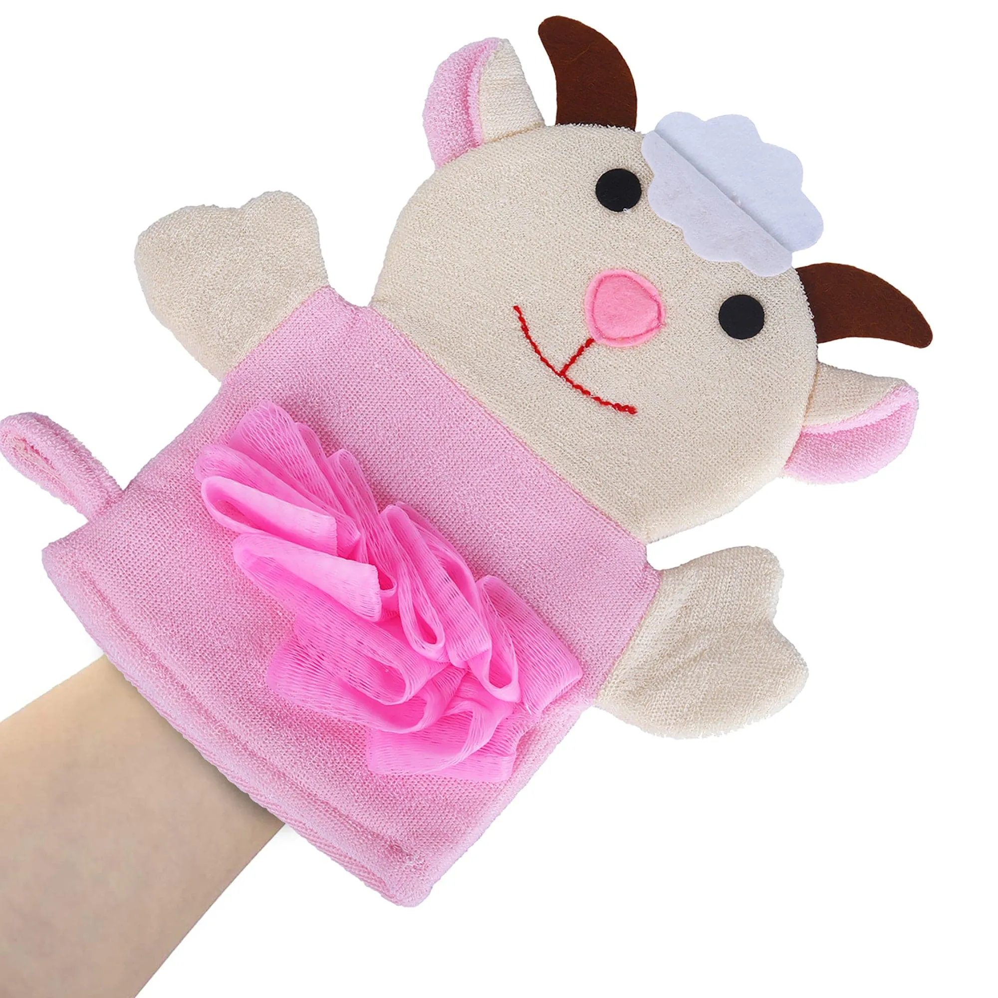 Baby Moo Sweet Cow Bath Time Fun Hand Puppet Loofah Bath Glove - Cream