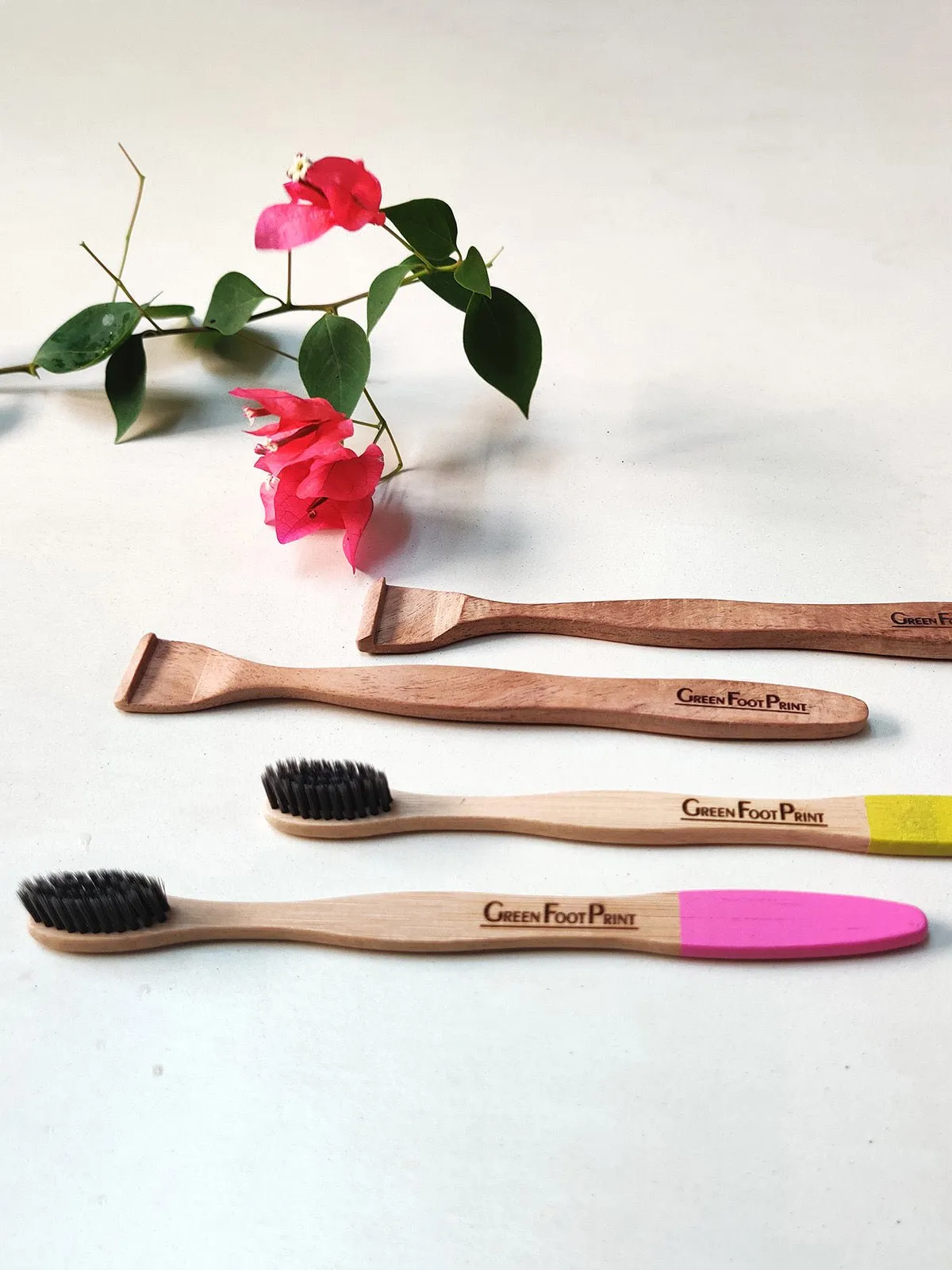 Bamboo Toothbrush & Neem Wood Tongue Cleaner-Pack Of 4