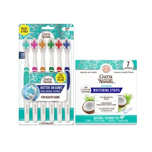 Butter on Gums Toothbrushes (6 Pack) & Whitening Strips