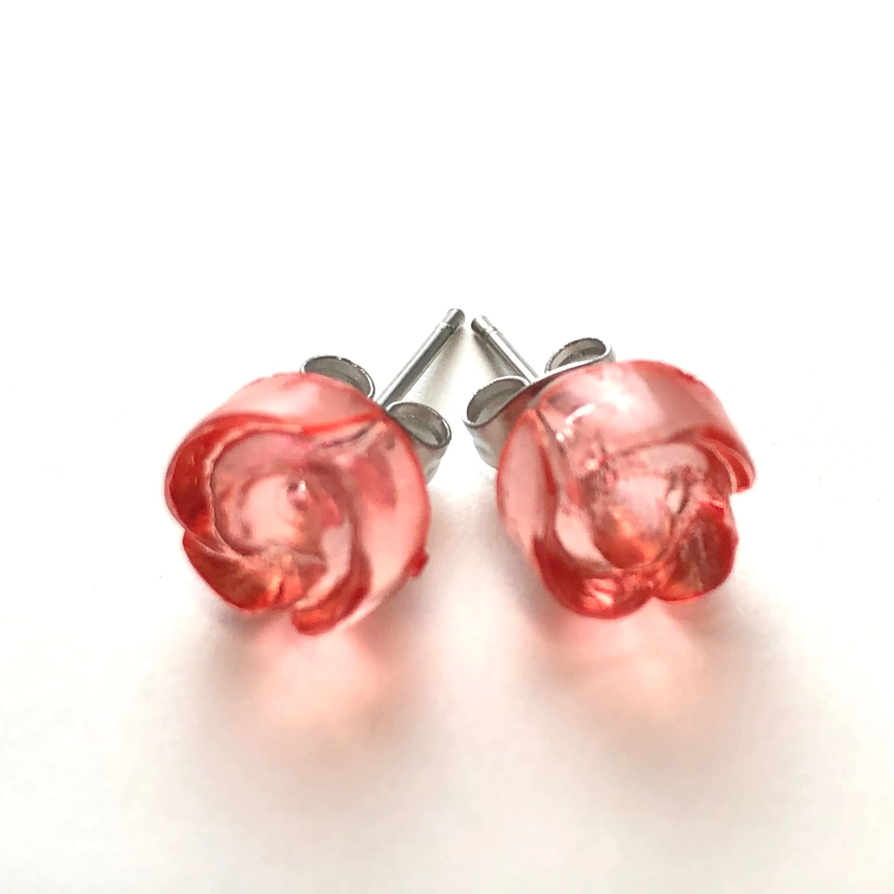 Coral Carved Lucite Rose Stud Earrings