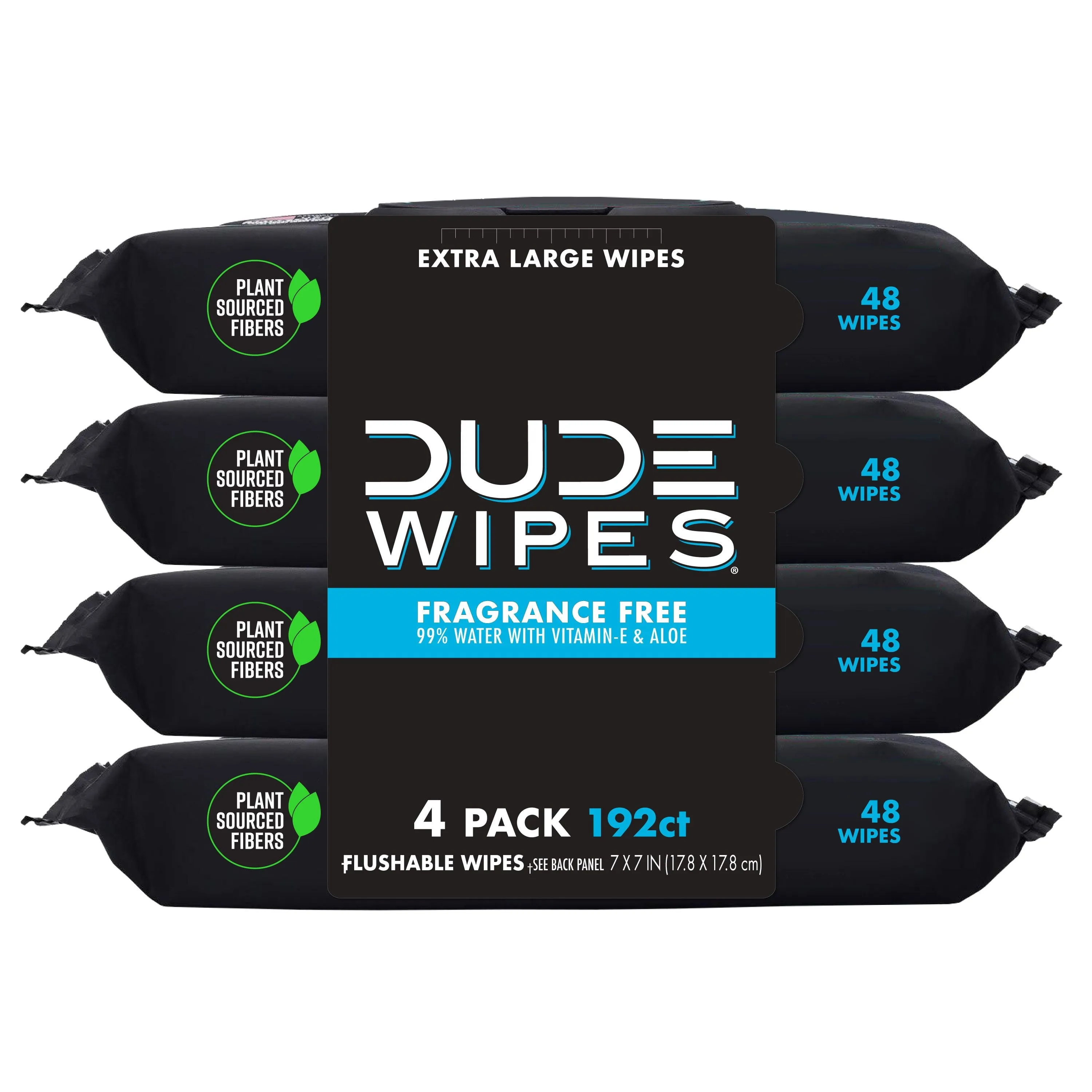 DUDE Wipes Unscented XL Flushable Wipes, 4 Flip-Top Packs, 48 Wipes per Pack, 192 Total Wipes