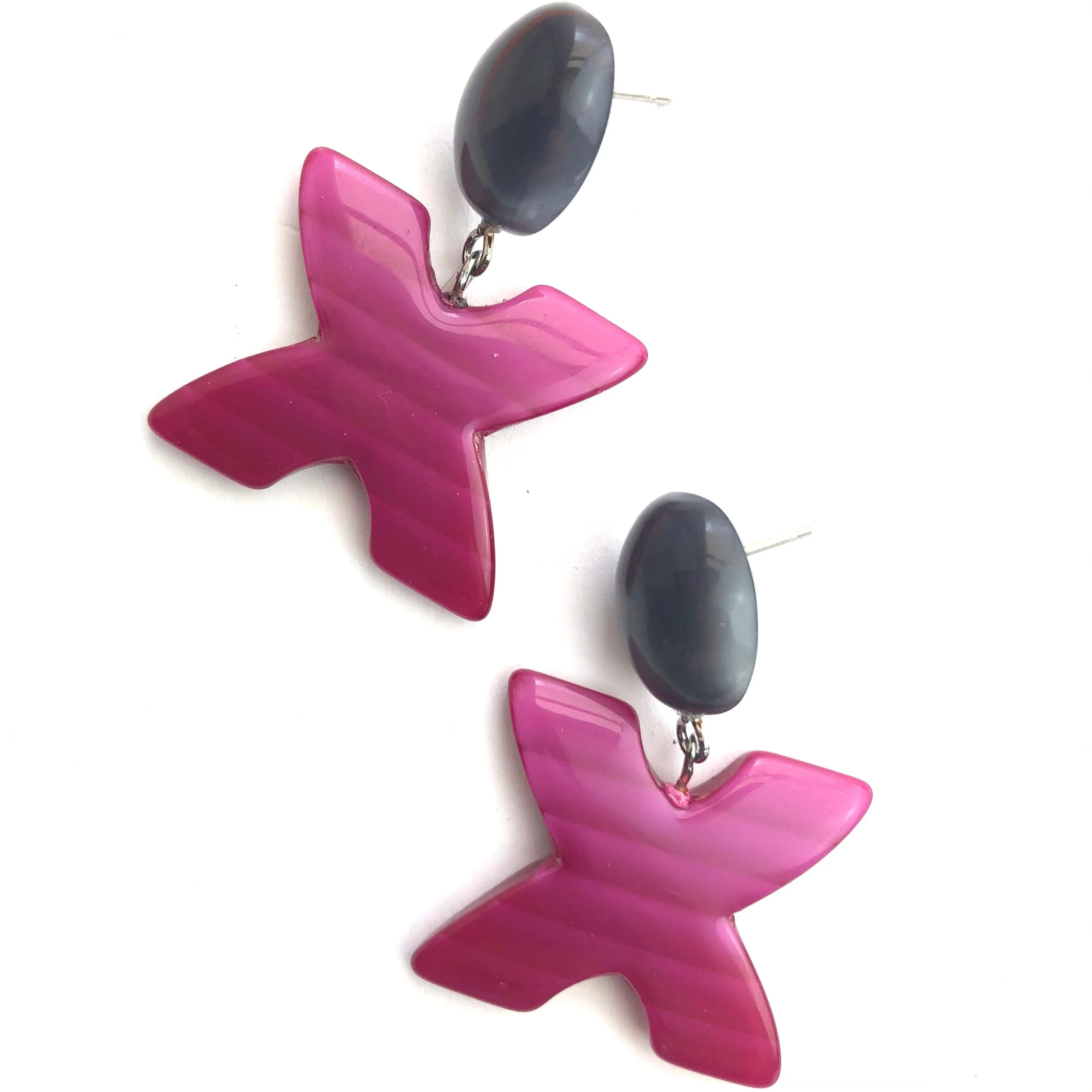 Grey & Magenta Striped 'X' Kiss Moonglow Statement Earrings