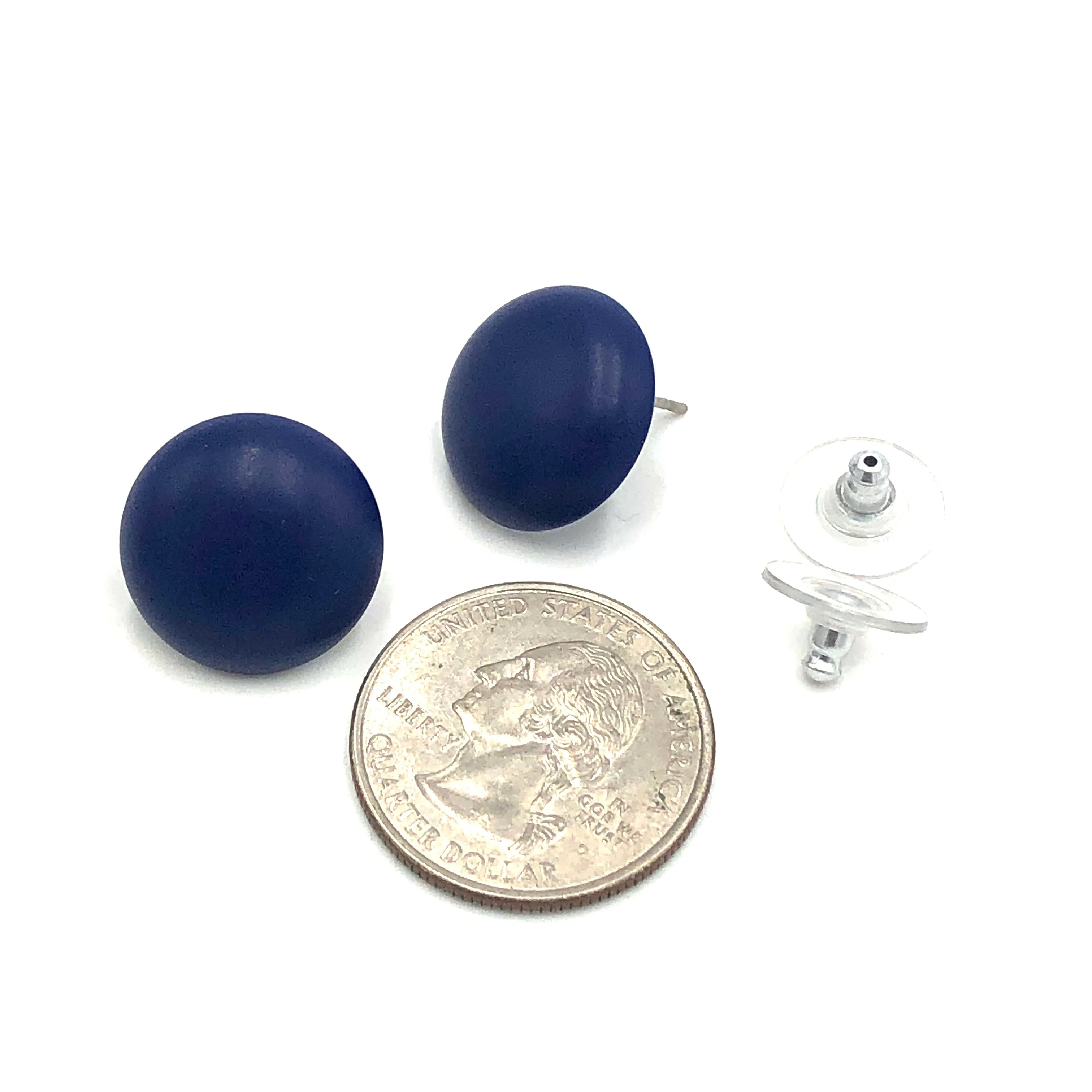 Navy Blue Matte Retro Button Stud Earrings