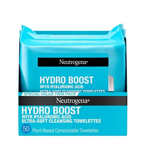 Neutrogena Hydro Boost Facial Cleansing Towelettes   Hyaluronic Acid, Hydrating Makeup Remover Face Wipes Remove Dirt & Waterproof Makeup, Hypoallergenic, 100% Plant-Based Cloth, 2 x 25 ct