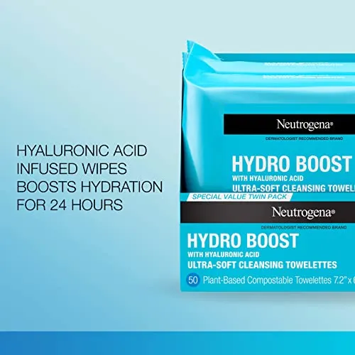 Neutrogena Hydro Boost Facial Cleansing Towelettes   Hyaluronic Acid, Hydrating Makeup Remover Face Wipes Remove Dirt & Waterproof Makeup, Hypoallergenic, 100% Plant-Based Cloth, 2 x 25 ct