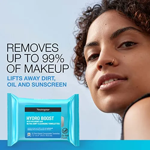 Neutrogena Hydro Boost Facial Cleansing Towelettes   Hyaluronic Acid, Hydrating Makeup Remover Face Wipes Remove Dirt & Waterproof Makeup, Hypoallergenic, 100% Plant-Based Cloth, 2 x 25 ct