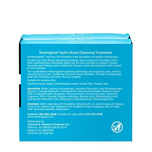 Neutrogena Hydro Boost Facial Cleansing Towelettes   Hyaluronic Acid, Hydrating Makeup Remover Face Wipes Remove Dirt & Waterproof Makeup, Hypoallergenic, 100% Plant-Based Cloth, 2 x 25 ct