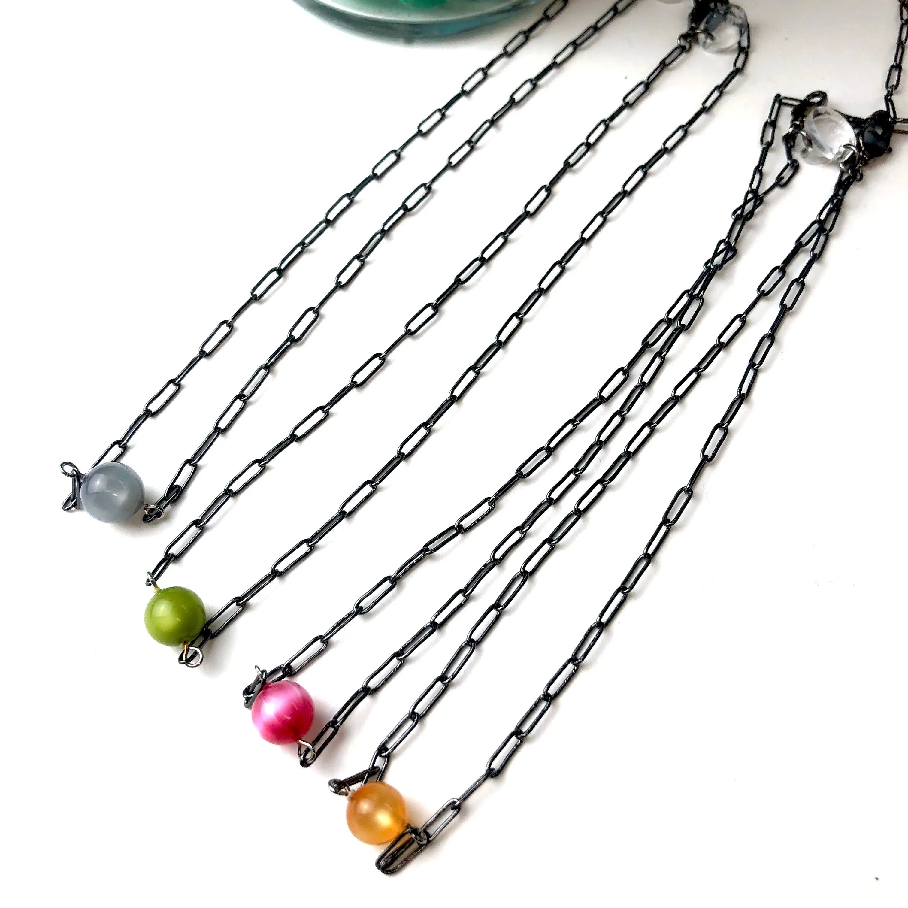 Olive Green Moonglow Bauble Paperclip Necklace