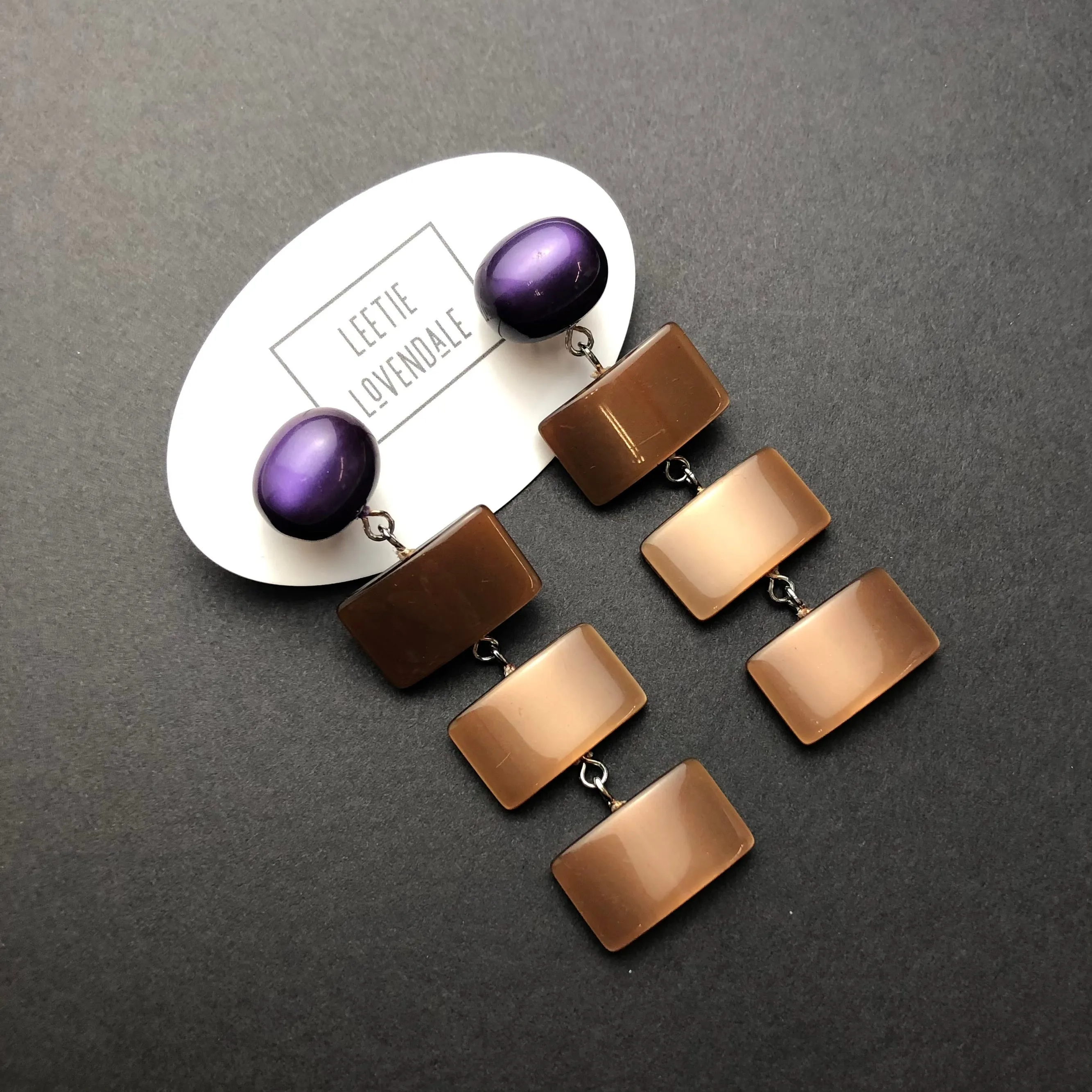 Purple & Chocolate Geometric Stack Moonglow Statement Earrings *