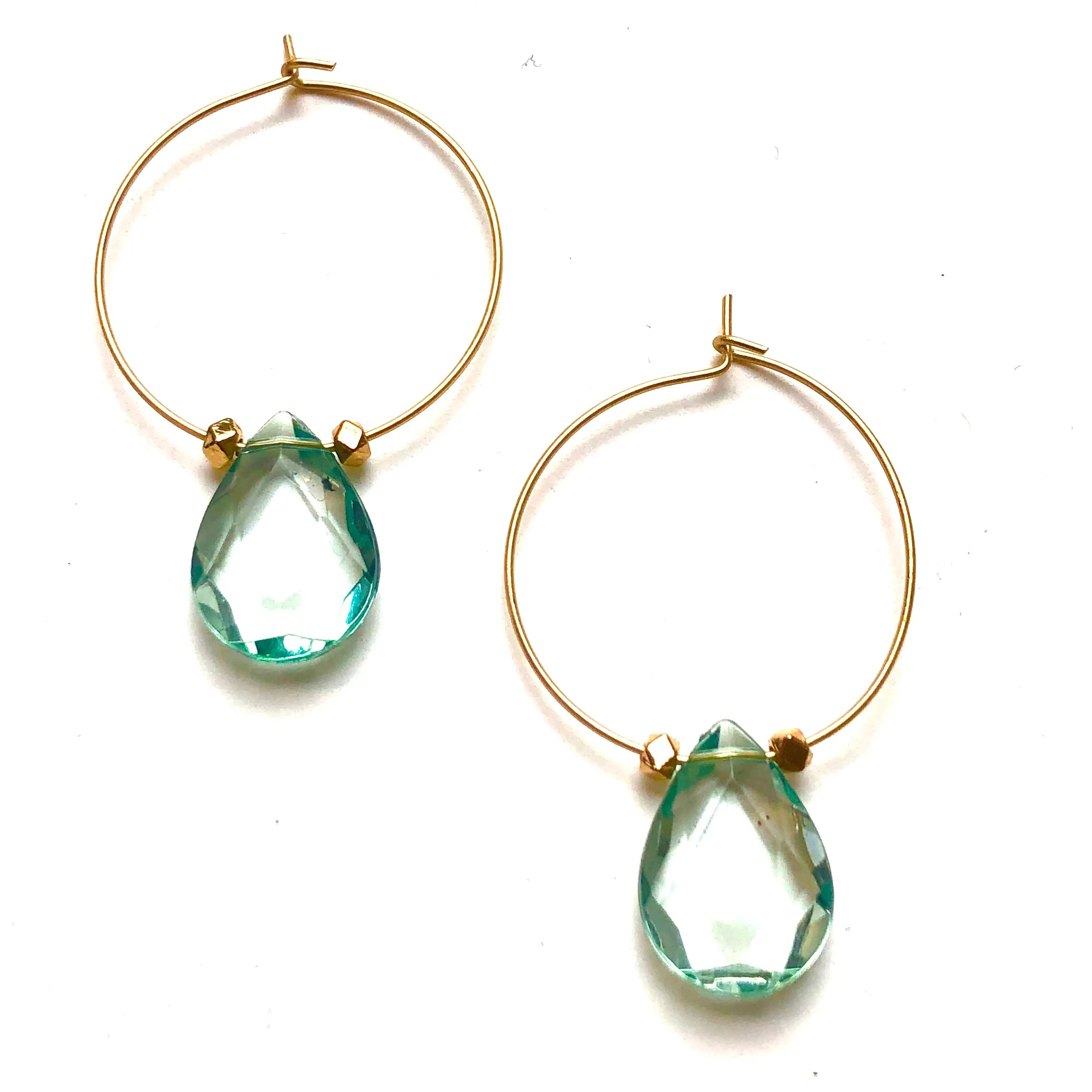 Sage Green Faceted Briolette on Gold Hoop Earrings