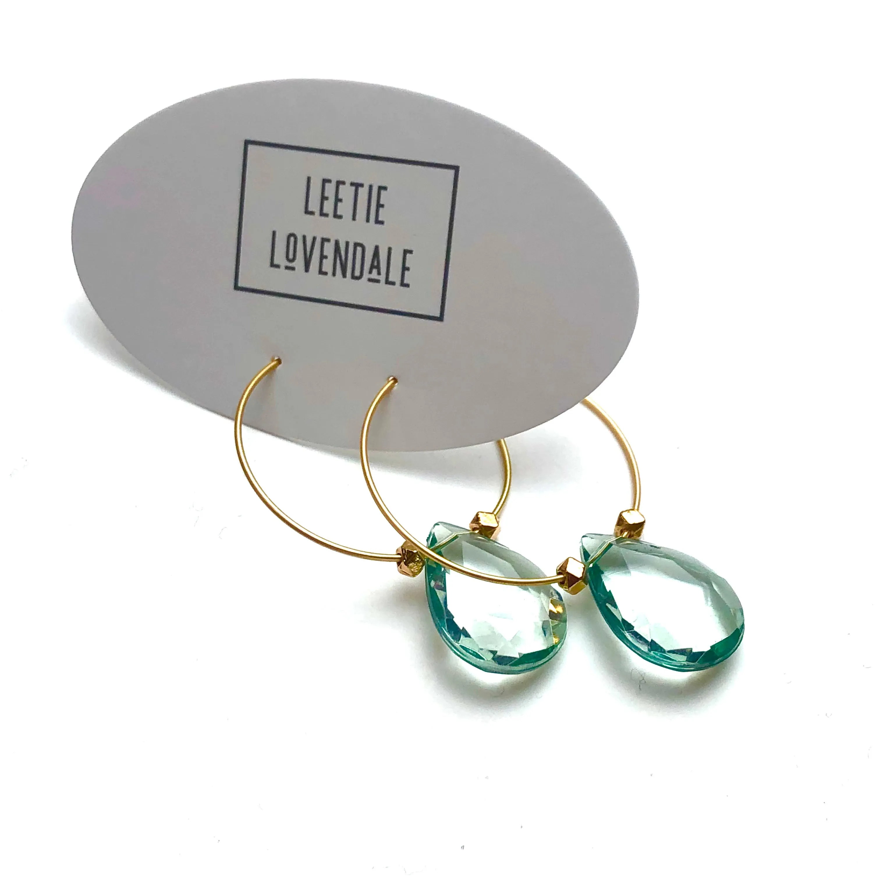 Sage Green Faceted Briolette on Gold Hoop Earrings