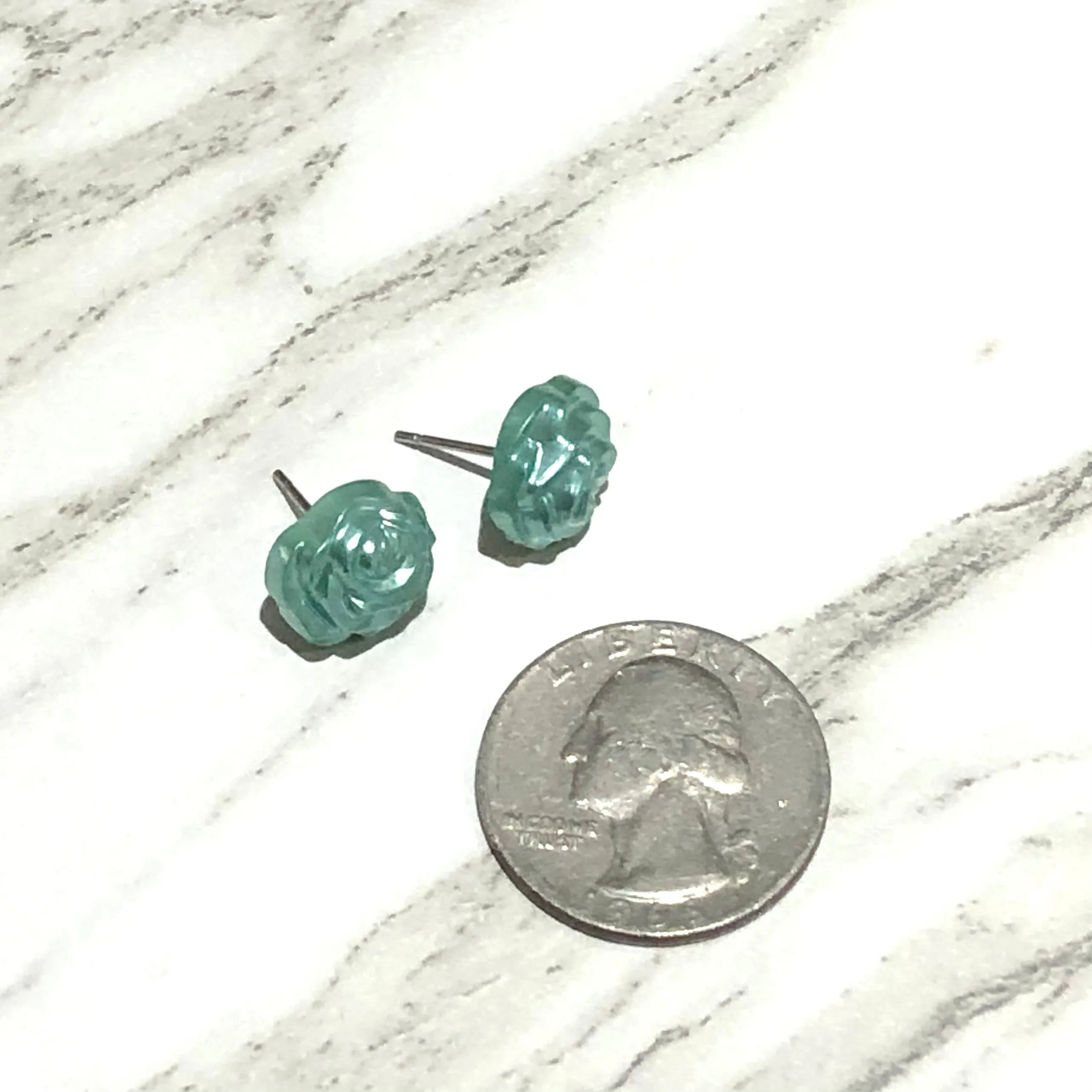 Seafoam Pearl Rose Button Stud Earrings