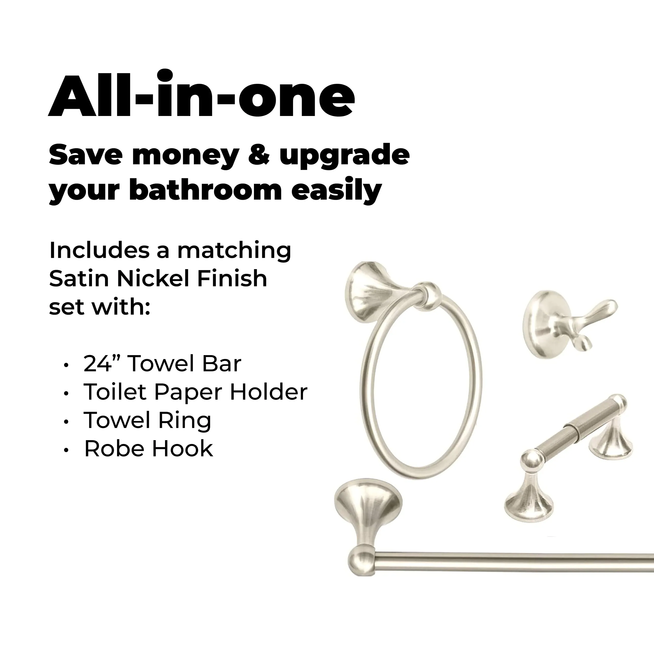 Wholesaleplumbing 4-Piece Bathroom Hardware Accessory Set With 24" Towel Bar - Satin